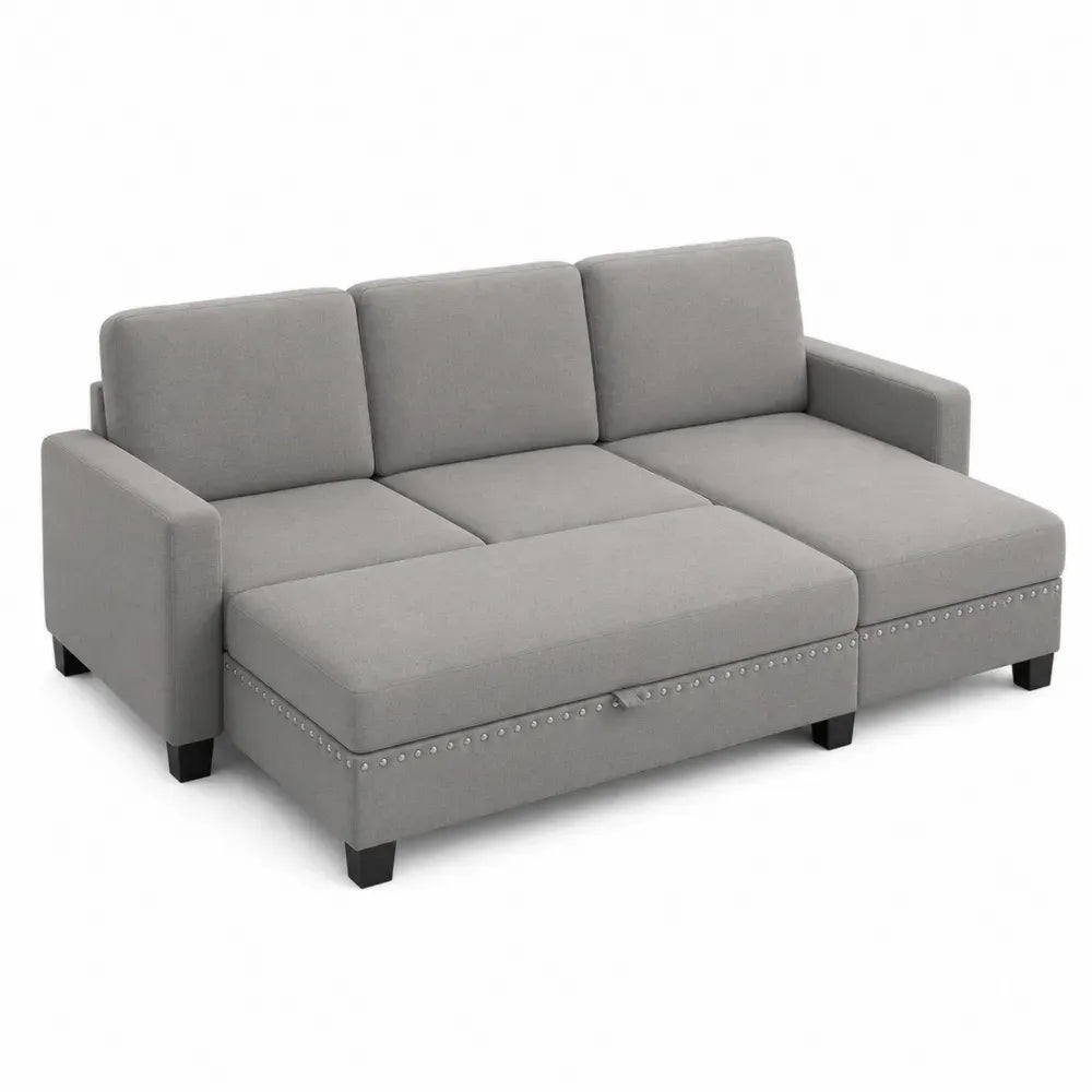 Ecksofa 3-Sitzer mit Recamiere rechts Polyester Flachgewebe L-förmig Grau Schwarz Silberfarben 200 x 140 x 86 cm