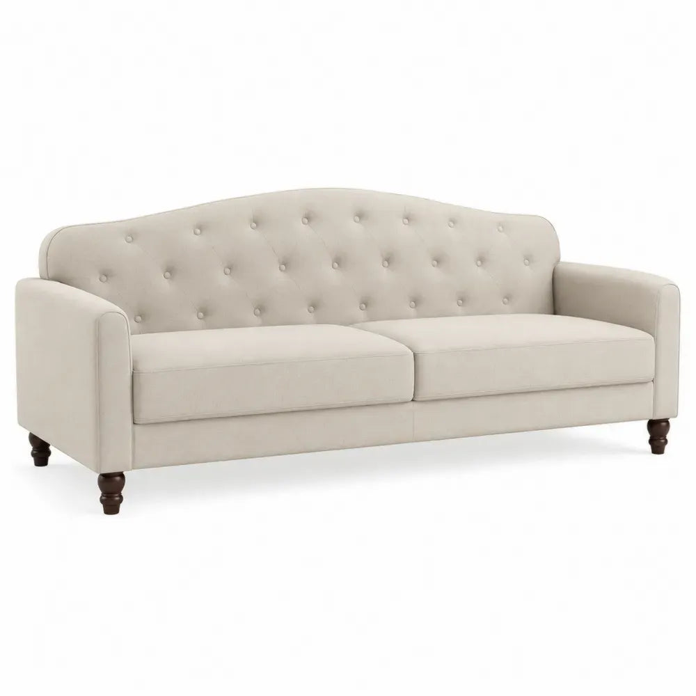 Sofa 3-Sitzer mit Knopfheftung Polyestergewebe Kiefernholz rechteckig Beige Dunkelbraun 205 x 82 x 88 cm