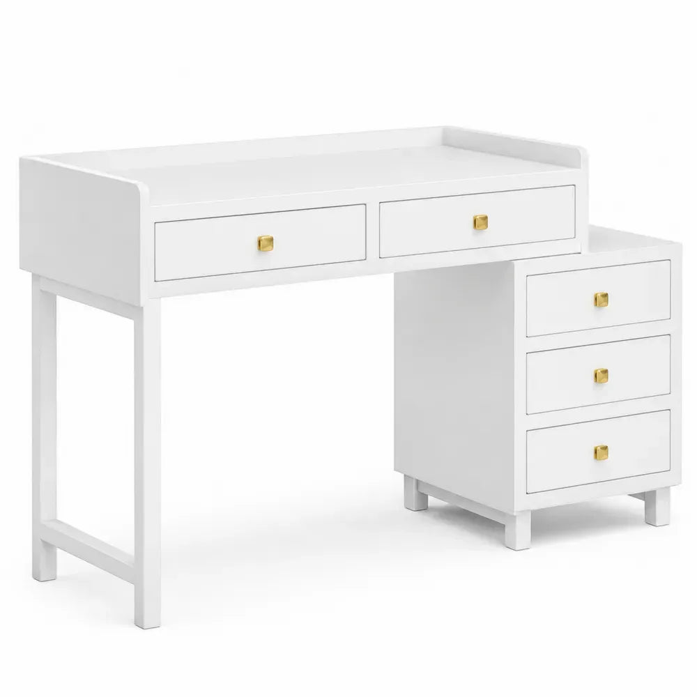 Schreibtisch Bürotisch mit 5 Schubladen erhöhtem Rand rechteckig MDF Weiß Goldfarben 120 x 55 x 92 cm