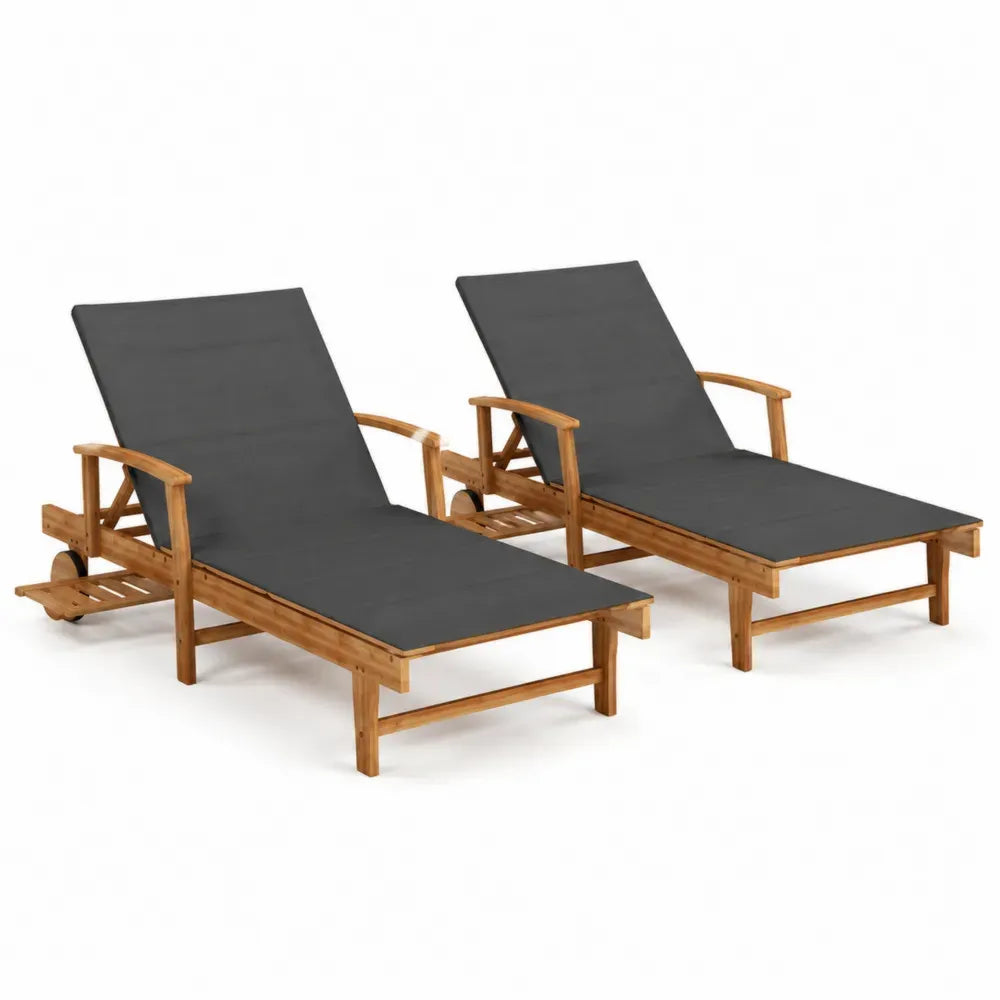 Gartenliege 2er Set Sonnenliegen aus Akazien-Massivholz mit Polyesterauflage Armlehnen und Rollen Natur Schwarz je 200 x 68 x 88 cm
