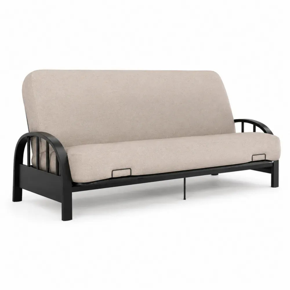 Schlafsofa 3-Sitzer Futon mit Metallrahmen 200 x 88 x 86 cm Polyester-Flachgewebe pulverbeschichteter Stahl rechteckig Beige Schwarz