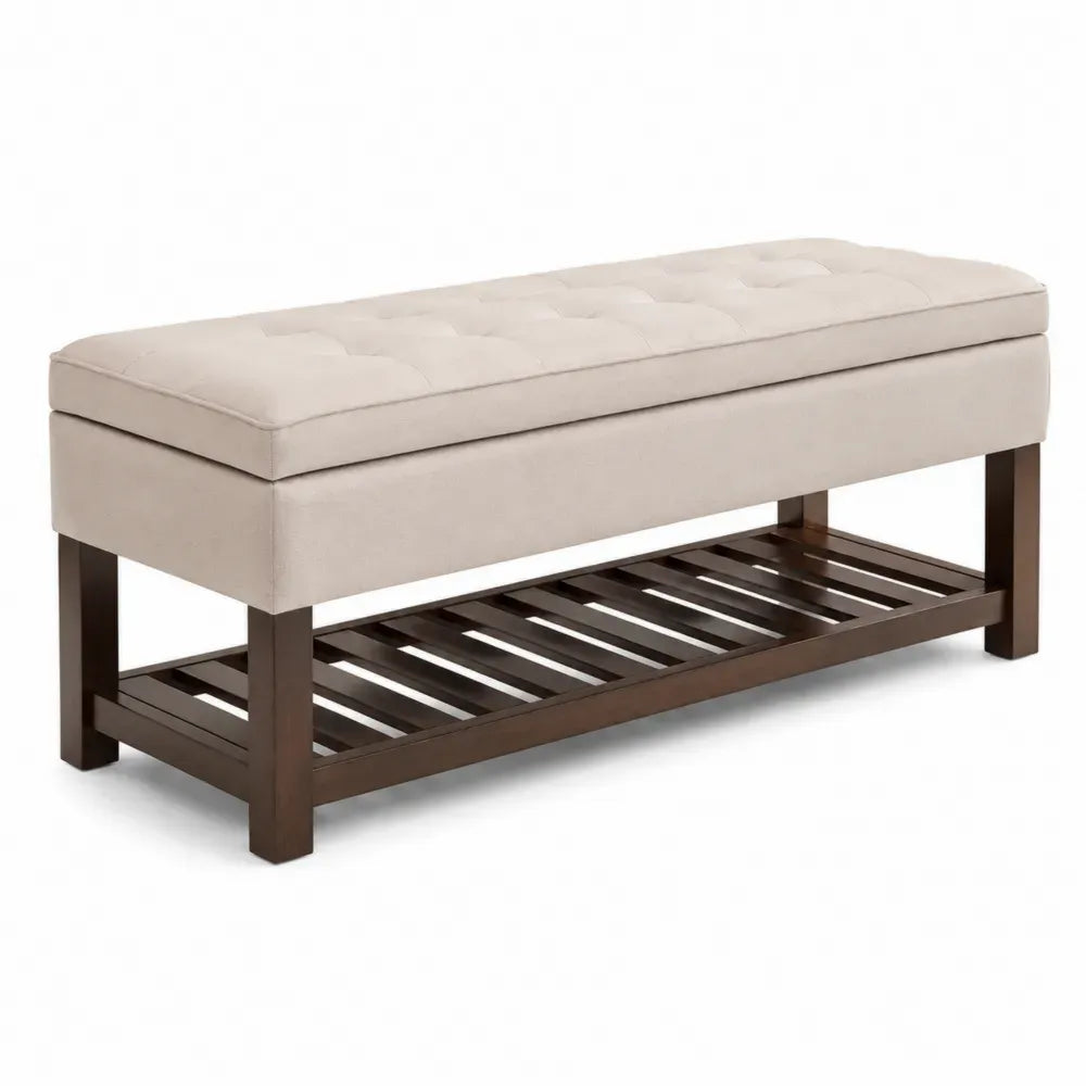 Schlafzimmerbank Polsterbank mit Ablage und Knopfheftung 120 x 40 x 48 cm Polyestergewebe Gummibaum-Massivholz rechteckig Beige Dunkelbraun