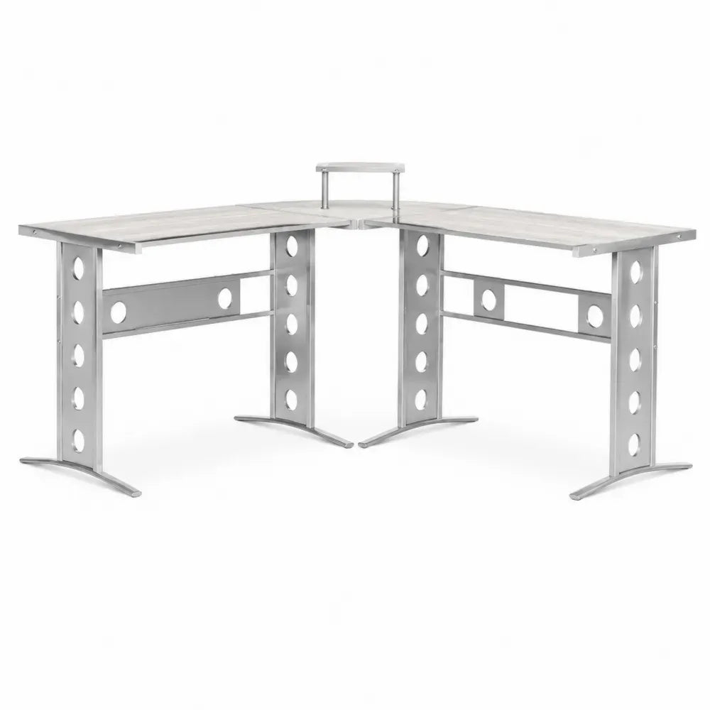 Eckschreibtisch Computertisch mit Monitorablage 150 x 150 x 90 cm melaminbeschichtete Spanplatte pulverbeschichteter Stahl L Form Silber Grau