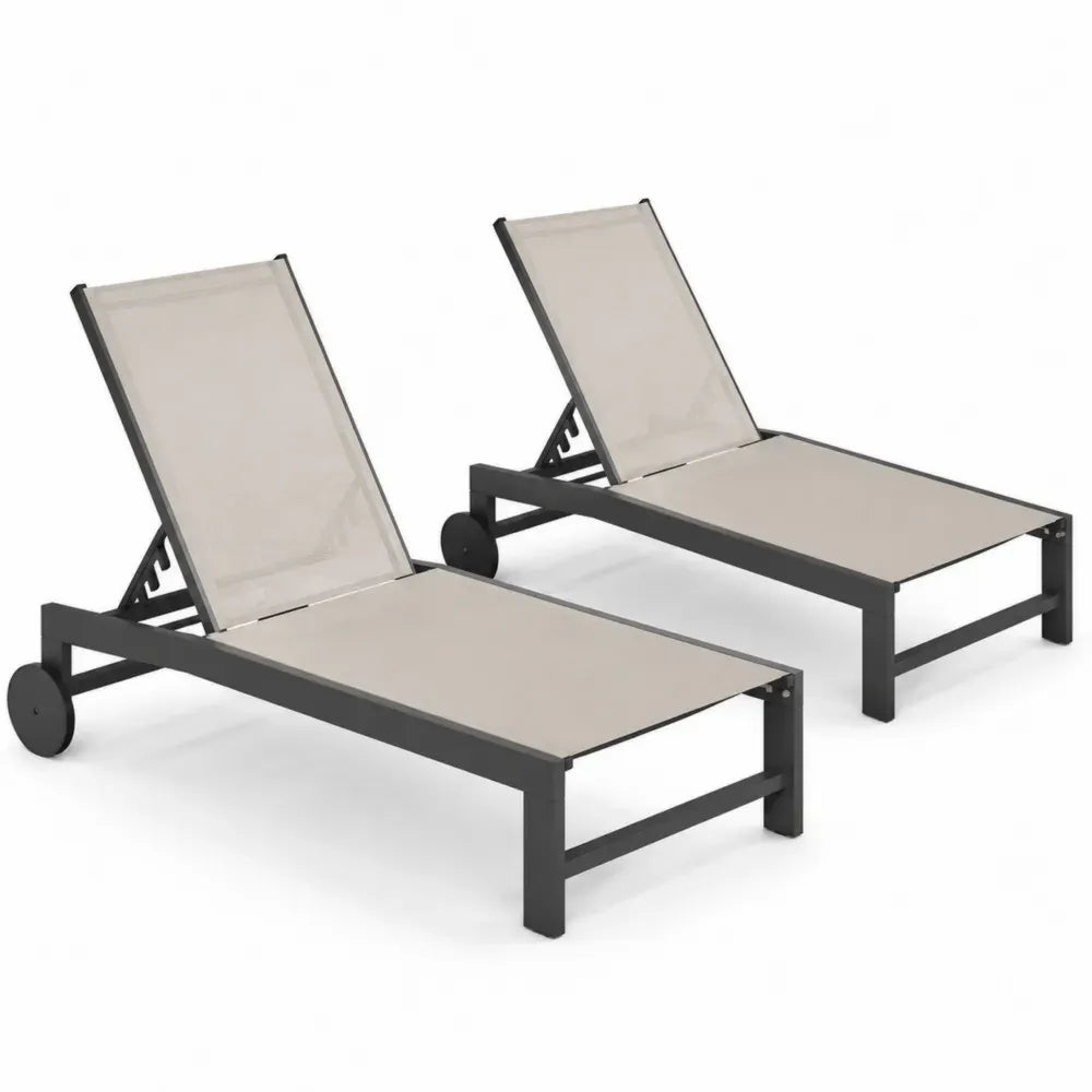 Sonnenliegen 2er Set Gartenliegen rechteckig mit pulverbeschichtetem Aluminiumrahmen Textilene Liegefläche und Rollen Beige Anthrazit je 195 x 64 x 32 cm