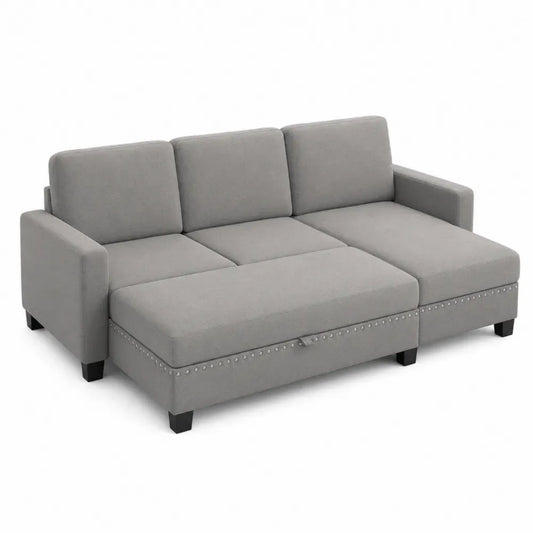 Ecksofa 3-Sitzer mit Recamiere rechts Polyester Flachgewebe L-förmig Grau Schwarz Silberfarben 200 x 140 x 86 cm