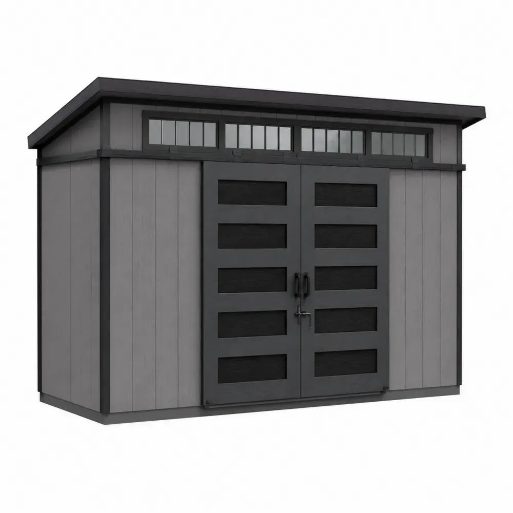Geräteschuppen Gartenhaus mit Doppeltür und Fensterband PP-Kunststoff rechteckig Grau Schwarz 340 x 218 x 226 cm