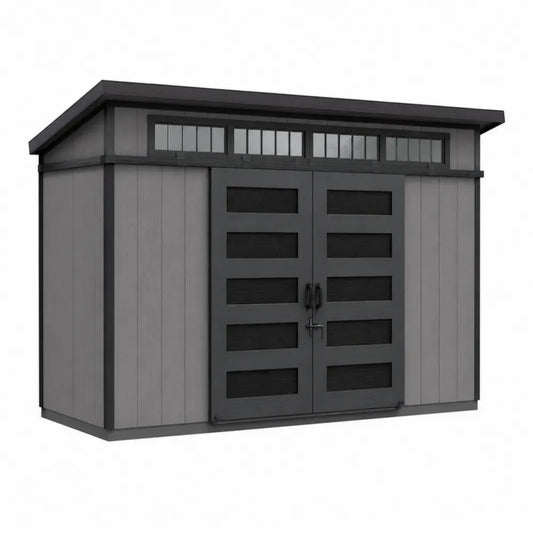 Geräteschuppen Gartenhaus mit Doppeltür und Fensterband PP-Kunststoff rechteckig Grau Schwarz 340 x 218 x 226 cm