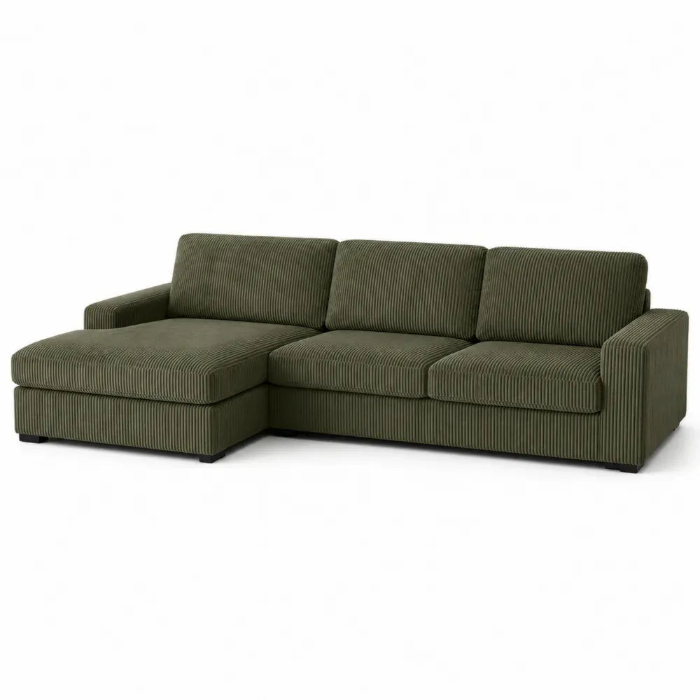 Ecksofa 3-Sitzer mit Recamiere links Polyester Cord Kiefernholz L-förmig Olivgrün Schwarz 230 x 150 x 86 cm