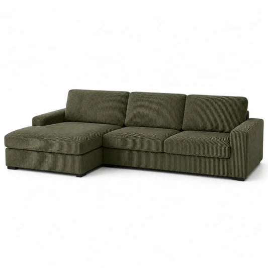 Ecksofa 3-Sitzer mit Recamiere links Polyester Cord Kiefernholz L-förmig Olivgrün Schwarz 230 x 150 x 86 cm