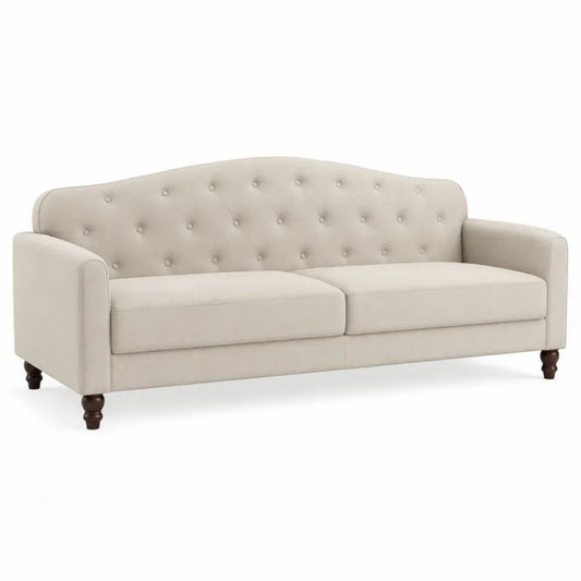 Sofa 3-Sitzer mit Knopfheftung Polyestergewebe Kiefernholz rechteckig Beige Dunkelbraun 205 x 82 x 88 cm