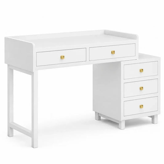 Schreibtisch Bürotisch mit 5 Schubladen erhöhtem Rand rechteckig MDF Weiß Goldfarben 120 x 55 x 92 cm