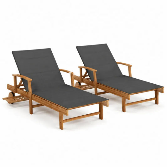 Gartenliege 2er Set Sonnenliegen aus Akazien-Massivholz mit Polyesterauflage Armlehnen und Rollen Natur Schwarz je 200 x 68 x 88 cm