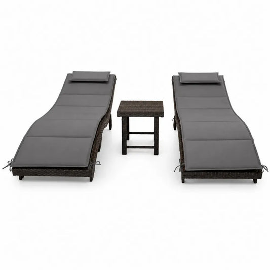 Sonnenliegen Set 3-teilig mit 2 Gartenliegen und Beistelltisch aus PE-Rattan mit Stahlrahmen und Polyesterauflagen Dunkelbraun Grau Liege 200 x 65 x 35 cm Tisch 45 x 45 x 45 cm