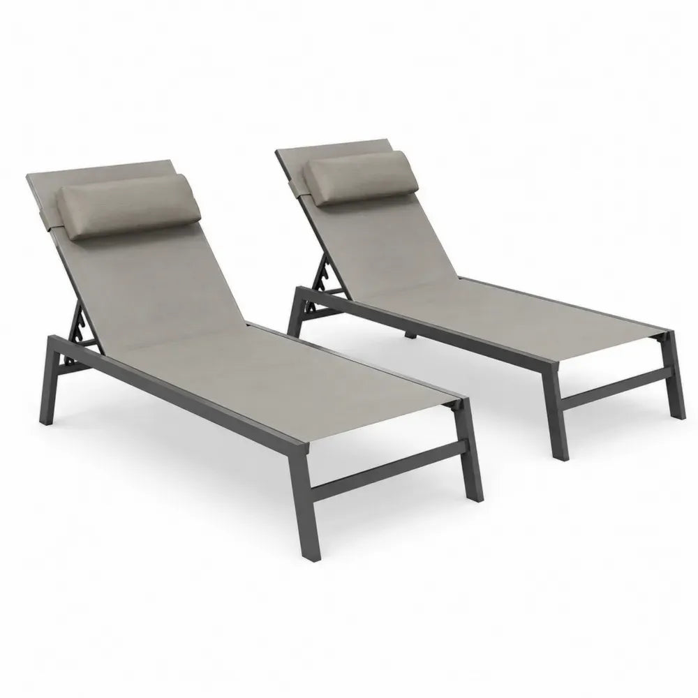 Sonnenliegen 2er Set rechteckige Gartenliegen mit verstellbarer Rückenlehne Aluminiumrahmen Textilene Liegefläche und Kopfkissen Taupe Anthrazit je 195 x 65 x 32 cm