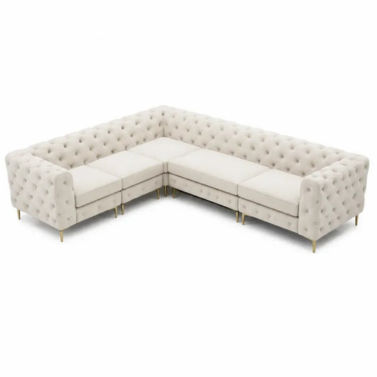 Ecksofa 5-Sitzer mit Knopfheftung Polyester Samt L-förmig Creme Goldfarben 280 x 220 x 75 cm