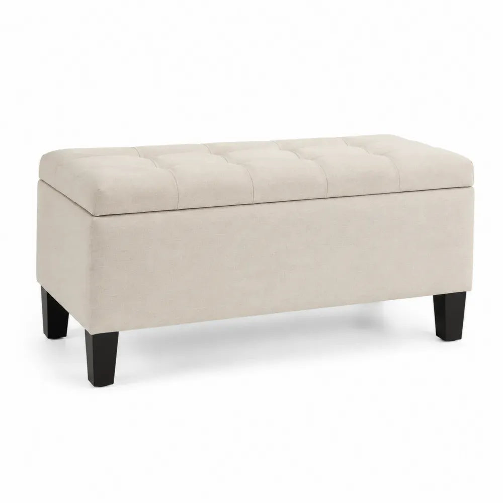 Schlafzimmerbank Sitzbank mit Stauraum und Knopfheftung rechteckig Polyestergewebe MDF Massivholz Beige Schwarz 110 x 40 x 45 cm