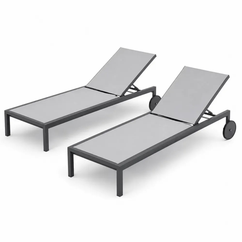 Sonnenliegen 2er Set Gartenliegen mit verstellbarer Rückenlehne Aluminiumrahmen Textilene Liegefläche und Rollen Grau Anthrazit je 195 x 64 x 32 cm