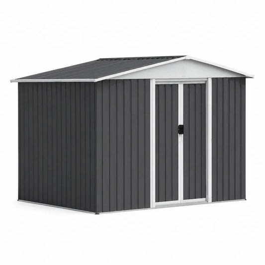Gerätehaus mit Doppelschiebetür und Satteldach verzinktes Stahlblech rechteckig Anthrazit Weiß Dunkelgrau 322 x 238 x 213 cm