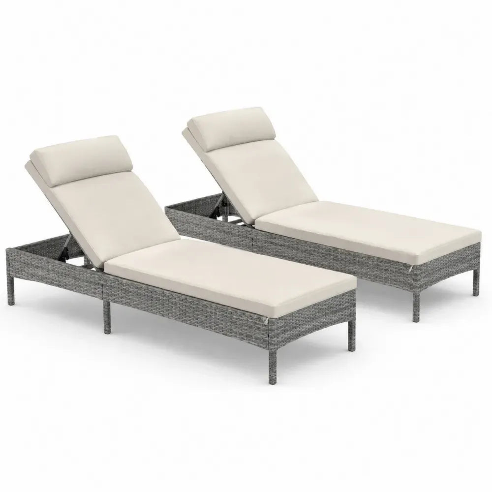 Sonnenliegen 2er Set Gartenliegen mit verstellbarer Rückenlehne PE-Rattan Stahlrahmen Polyesterauflagen und Kopfkissen Grau Creme je 200 x 65 x 35 cm