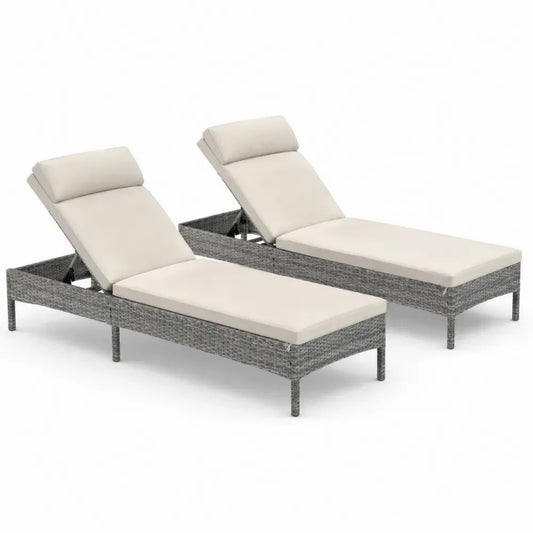 Sonnenliegen 2er Set Gartenliegen mit verstellbarer Rückenlehne PE-Rattan Stahlrahmen Polyesterauflagen und Kopfkissen Grau Creme je 200 x 65 x 35 cm